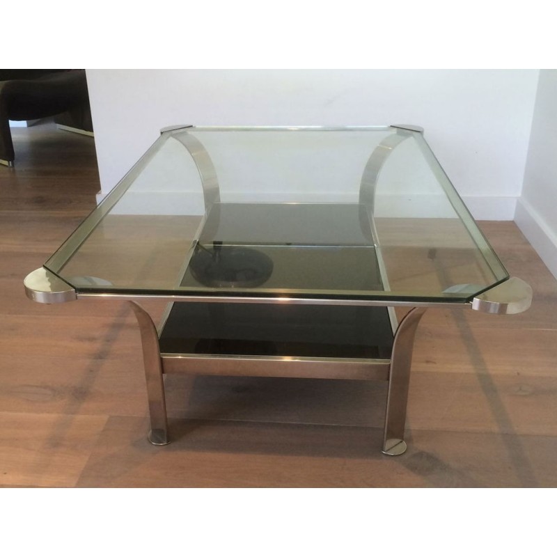 Importante Table Basse en Chrome à Double Plateau, Verres Transparent et Laqué Noir, vers 1970