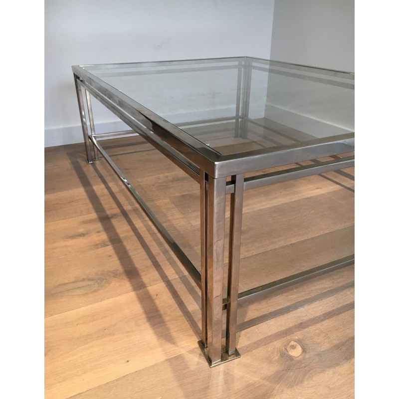 Table Basse Moderniste Chromée à Pieds Triples, Travail Français vers 1970