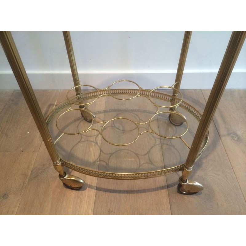 Oval Two-Tier Brass Drinks Trolley with Gallery Tray, in the Style of Maison Jansen, circa 1940
