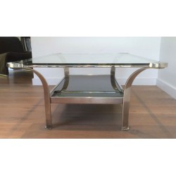 Importante Table Basse en Chrome à Double Plateau, Verres Transparent et Laqué Noir, vers 1970