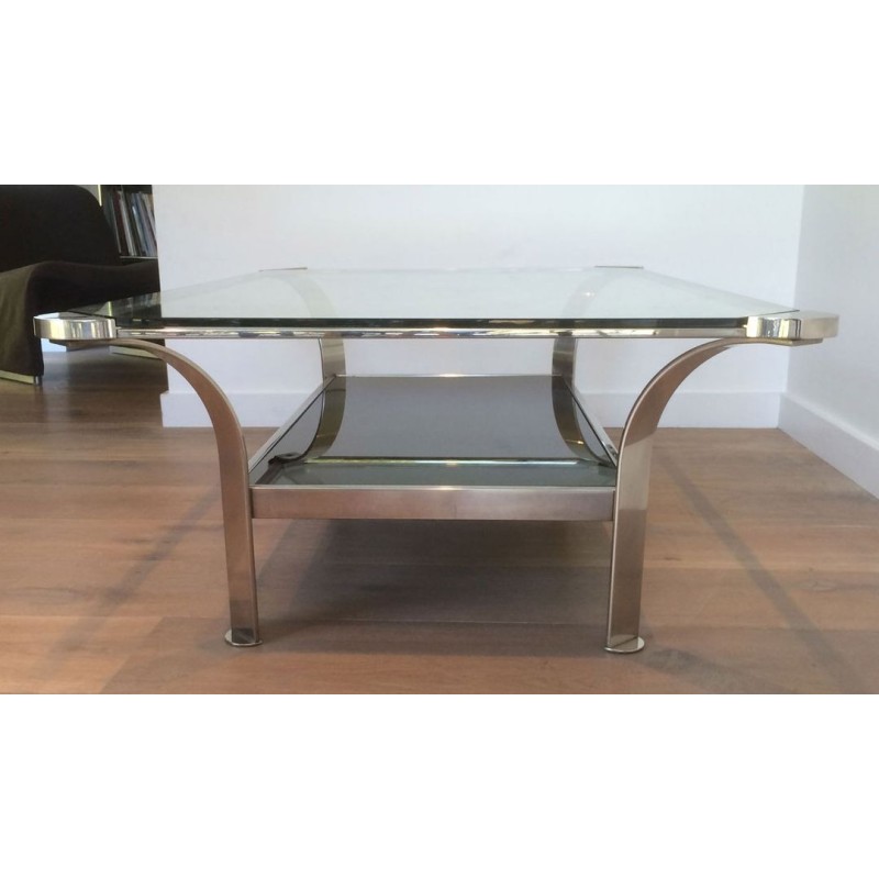 Importante Table Basse en Chrome à Double Plateau, Verres Transparent et Laqué Noir, vers 1970
