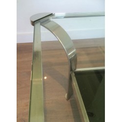 Importante Table Basse en Chrome à Double Plateau, Verres Transparent et Laqué Noir, vers 1970