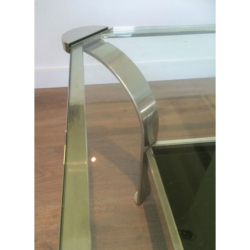 Importante Table Basse en Chrome à Double Plateau, Verres Transparent et Laqué Noir, vers 1970