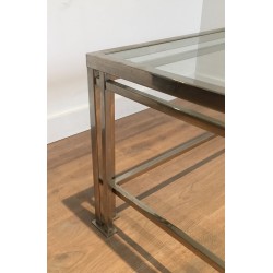 Table Basse Moderniste Chromée à Pieds Triples, Travail Français vers 1970