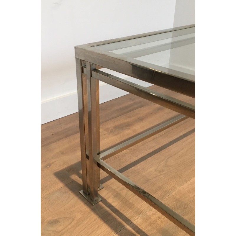 Table Basse Moderniste Chromée à Pieds Triples, Travail Français vers 1970