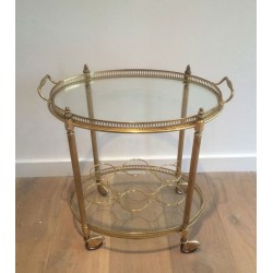Oval Two-Tier Brass Drinks Trolley with Gallery Tray, in the Style of Maison Jansen, circa 1940