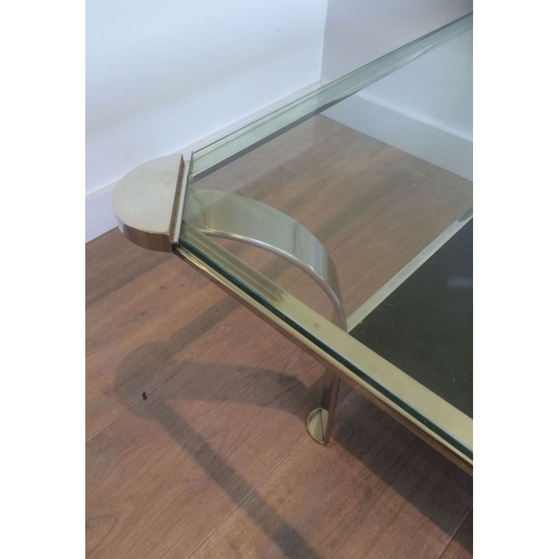 Importante Table Basse en Chrome à Double Plateau, Verres Transparent et Laqué Noir, vers 1970