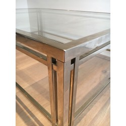 Table Basse Moderniste Chromée à Pieds Triples, Travail Français vers 1970