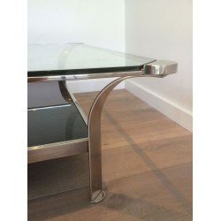 Importante Table Basse en Chrome à Double Plateau, Verres Transparent et Laqué Noir, vers 1970
