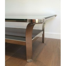 Importante Table Basse en Chrome à Double Plateau, Verres Transparent et Laqué Noir, vers 1970