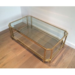 Table Basse Octogonale à Double Plateau en Laiton et Verre Biseauté, France vers 1970