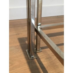 Table Basse Moderniste Chromée à Pieds Triples, Travail Français vers 1970