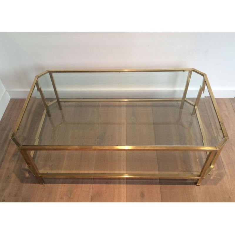 Table Basse Octogonale à Double Plateau en Laiton et Verre Biseauté, France vers 1970