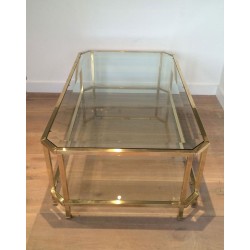Table Basse Octogonale à Double Plateau en Laiton et Verre Biseauté, France vers 1970
