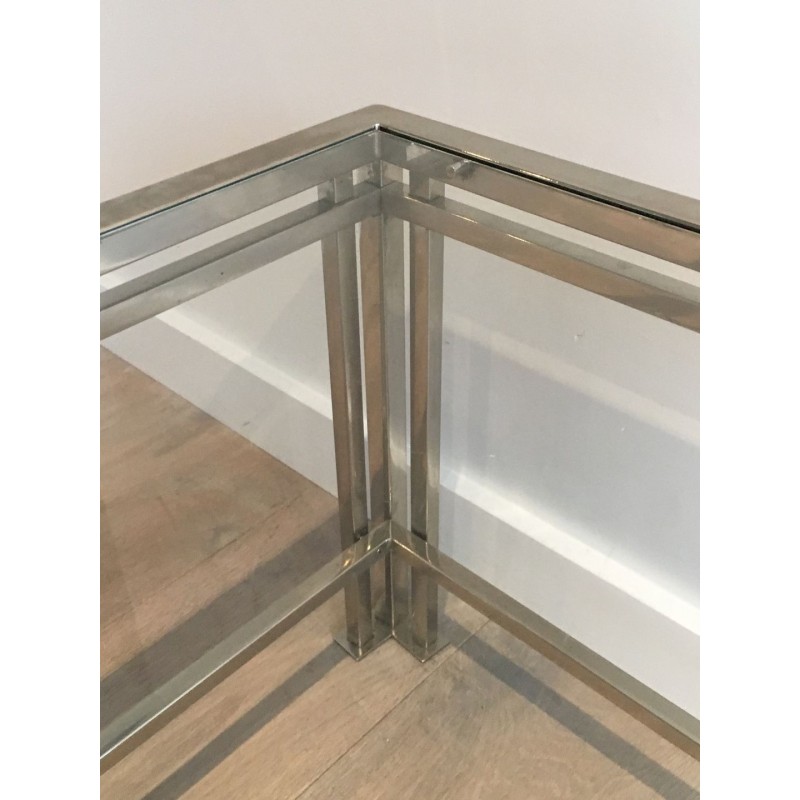 Table Basse Moderniste Chromée à Pieds Triples, Travail Français vers 1970