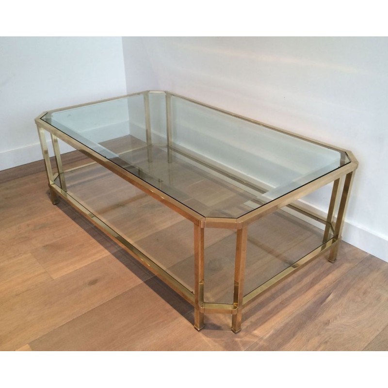 Table Basse Octogonale à Double Plateau en Laiton et Verre Biseauté, France vers 1970