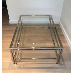 Table Basse Moderniste Chromée à Pieds Triples, Travail Français vers 1970