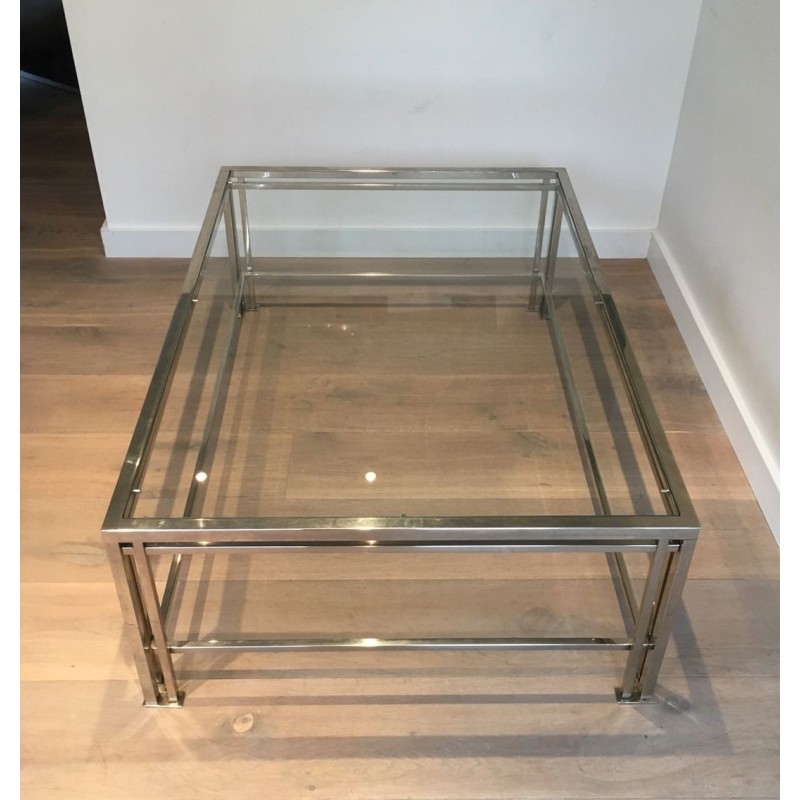 Table Basse Moderniste Chromée à Pieds Triples, Travail Français vers 1970