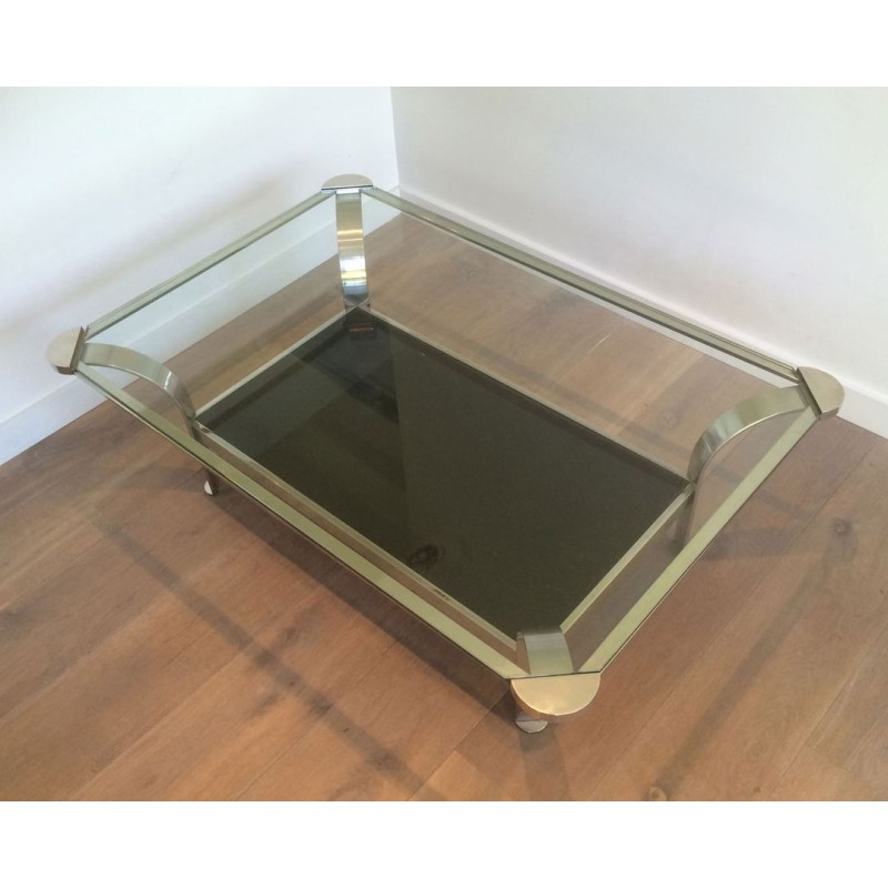 Importante Table Basse en Chrome à Double Plateau, Verres Transparent et Laqué Noir, vers 1970