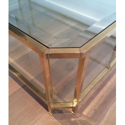 Table Basse Octogonale à Double Plateau en Laiton et Verre Biseauté, France vers 1970