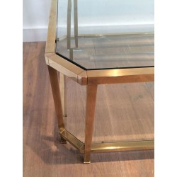 Table Basse Octogonale à Double Plateau en Laiton et Verre Biseauté, France vers 1970