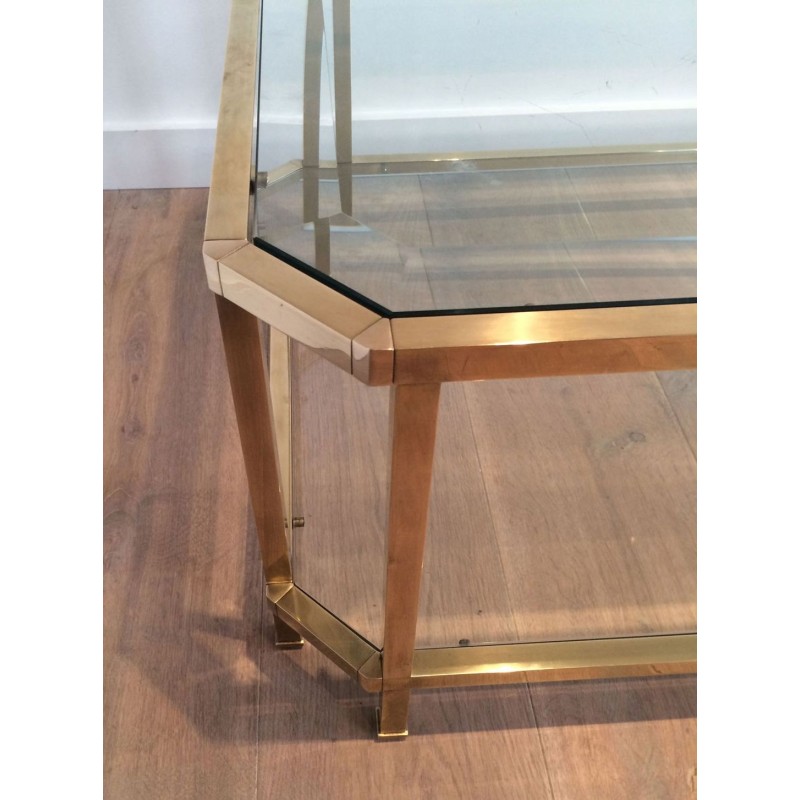 Table Basse Octogonale à Double Plateau en Laiton et Verre Biseauté, France vers 1970