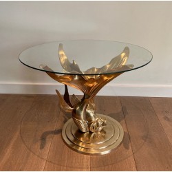 Sculpted Brass Coffee Table with Fish Base and Round Glass Top, France circa 1970
