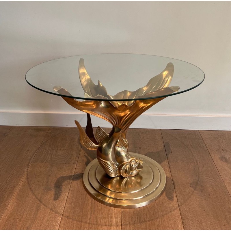Table Basse en Laiton Sculpté à Base de Poisson et Plateau de Verre Rond, France vers 1970