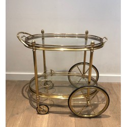 Oval Two-Tier Brass Bar Trolley with Gallery Rail, Maison Baguès, France circa 1940