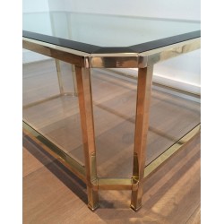 Table Basse Octogonale à Double Plateau en Laiton et Verre Biseauté, France vers 1970