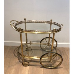 Oval Two-Tier Brass Bar Trolley with Gallery Rail, Maison Baguès, France circa 1940