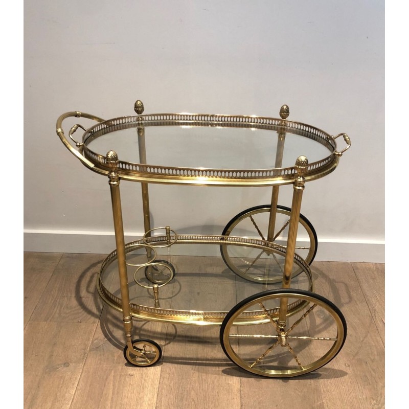 Oval Two-Tier Brass Bar Trolley with Gallery Rail, Maison Baguès, France circa 1940