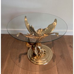 Table Basse en Laiton Sculpté à Base de Poisson et Plateau de Verre Rond, France vers 1970