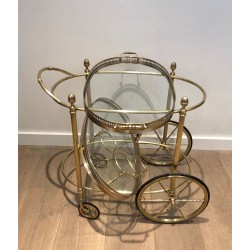 Oval Two-Tier Brass Bar Trolley with Gallery Rail, Maison Baguès, France circa 1940