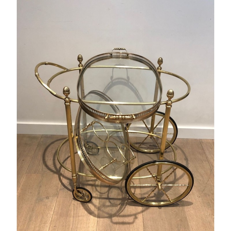Oval Two-Tier Brass Bar Trolley with Gallery Rail, Maison Baguès, France circa 1940
