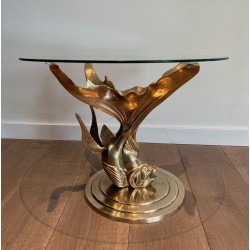Table Basse en Laiton Sculpté à Base de Poisson et Plateau de Verre Rond, France vers 1970
