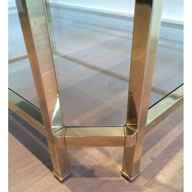 Table Basse Octogonale à Double Plateau en Laiton et Verre Biseauté, France vers 1970
