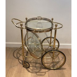Oval Two-Tier Brass Bar Trolley with Gallery Rail, Maison Baguès, France circa 1940
