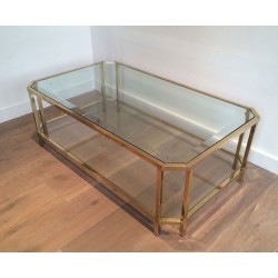 Table Basse Octogonale à Double Plateau en Laiton et Verre Biseauté, France vers 1970