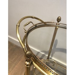 Oval Two-Tier Brass Bar Trolley with Gallery Rail, Maison Baguès, France circa 1940