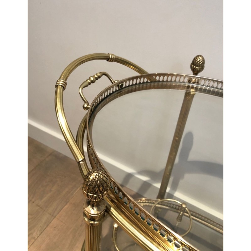 Oval Two-Tier Brass Bar Trolley with Gallery Rail, Maison Baguès, France circa 1940