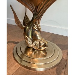 Table Basse en Laiton Sculpté à Base de Poisson et Plateau de Verre Rond, France vers 1970