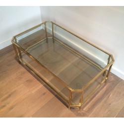 Table Basse Octogonale à Double Plateau en Laiton et Verre Biseauté, France vers 1970