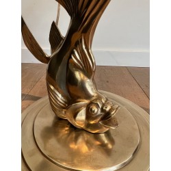 Table Basse en Laiton Sculpté à Base de Poisson et Plateau de Verre Rond, France vers 1970