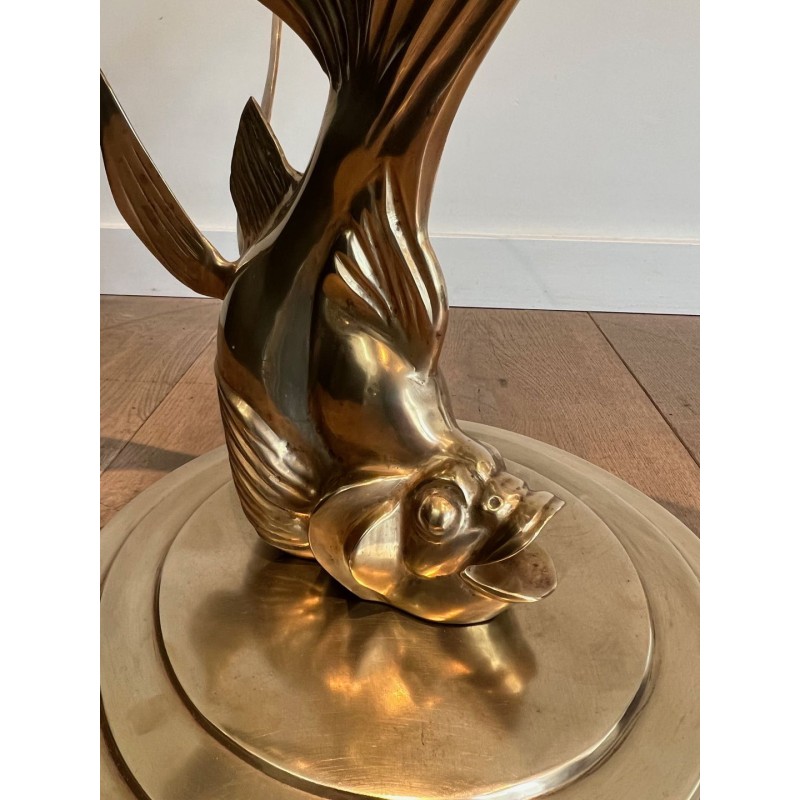 Table Basse en Laiton Sculpté à Base de Poisson et Plateau de Verre Rond, France vers 1970