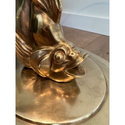 Table Basse en Laiton Sculpté à Base de Poisson et Plateau de Verre Rond, France vers 1970