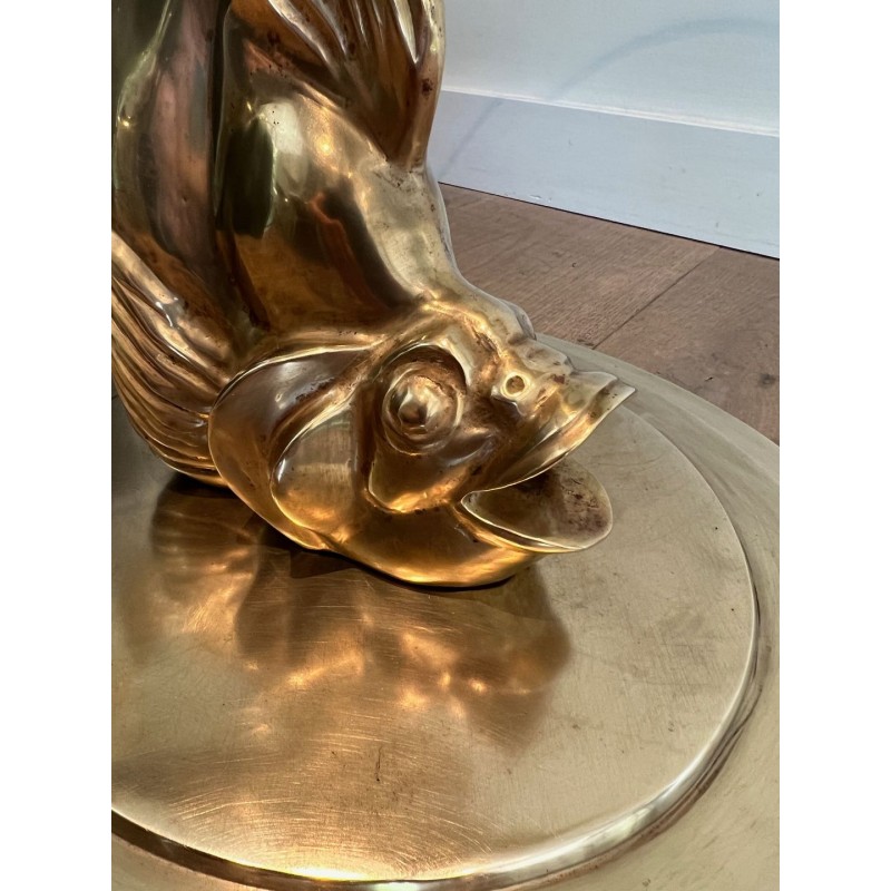 Table Basse en Laiton Sculpté à Base de Poisson et Plateau de Verre Rond, France vers 1970