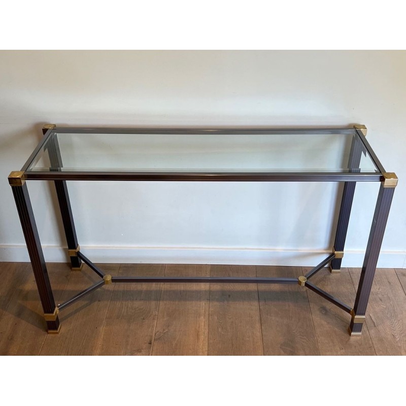 Glass-Top Console Table in Lacquered Aluminium & Gilt Metal, Pierre Vandel, France circa 1970