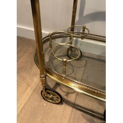 Oval Two-Tier Brass Bar Trolley with Gallery Rail, Maison Baguès, France circa 1940