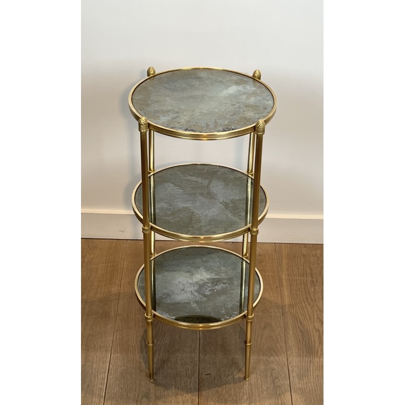 Sellette Ronde en Bronze à Triple Plateaux de Miroirs Eglomisés de la Maison Baguès